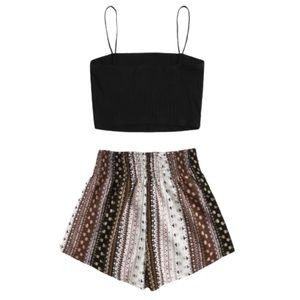Rib-Knit Crop Cami Top & Ditsy Floral Shirred Waist Shorts Set Size M